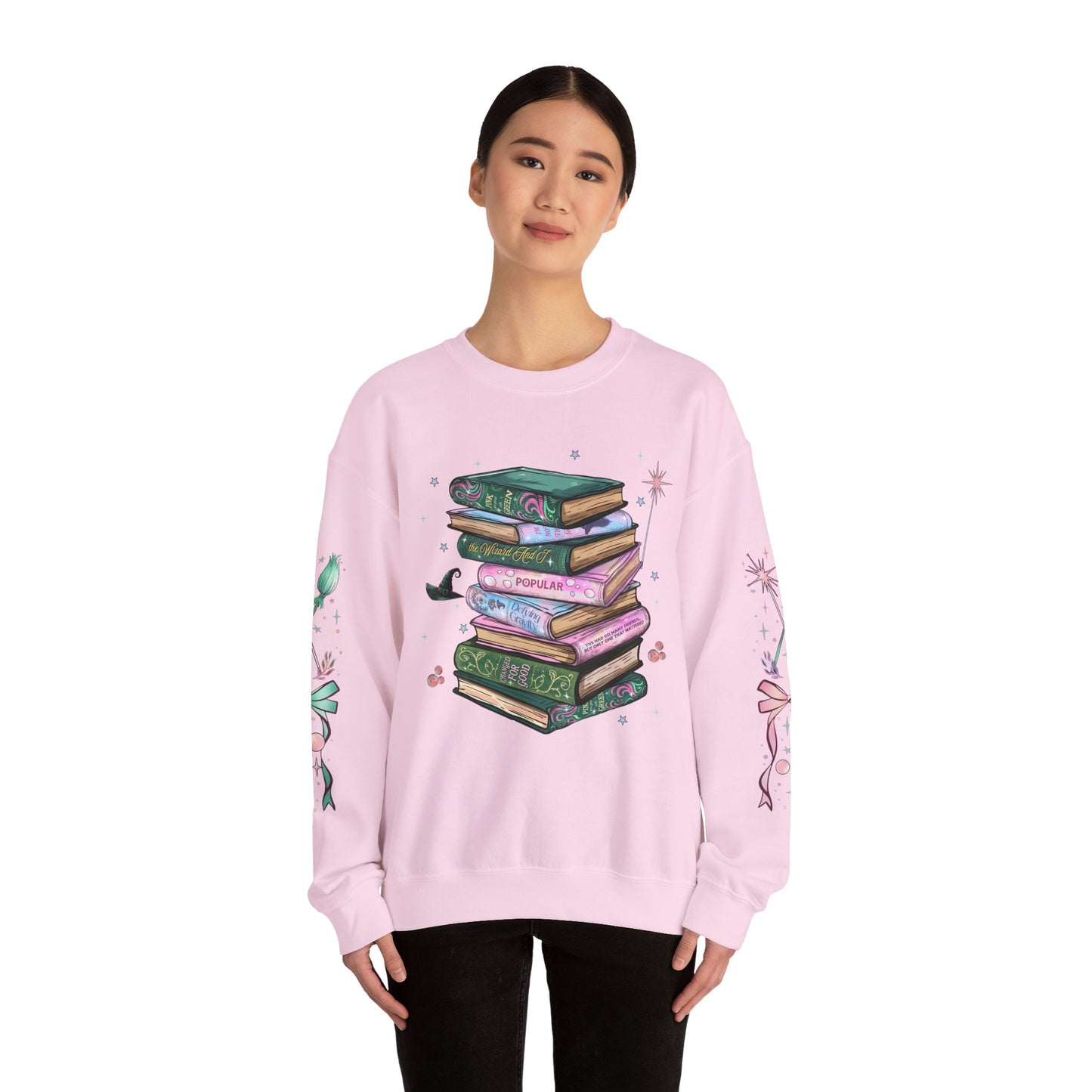 Wicked Booklover Crewneck Sweatshirt — Stacked Magical Books Graphic