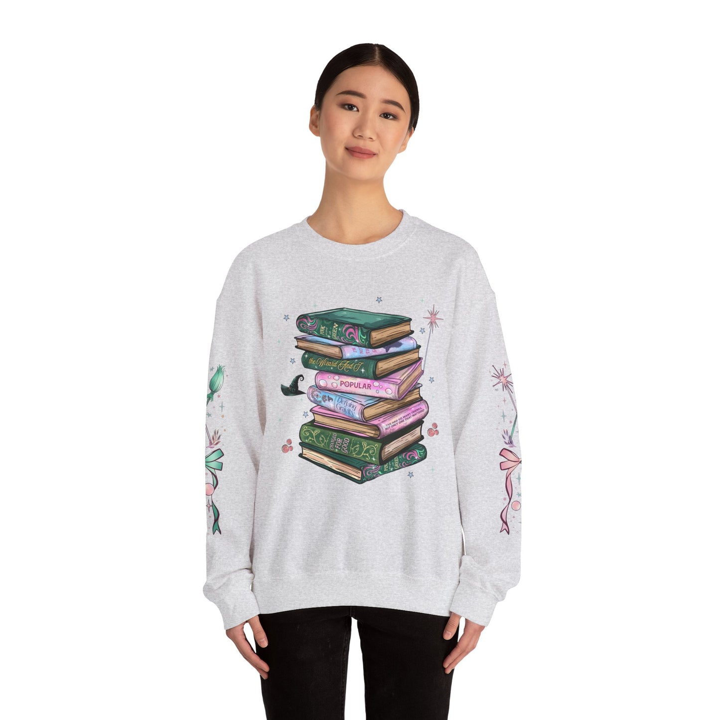 Wicked Booklover Crewneck Sweatshirt — Stacked Magical Books Graphic