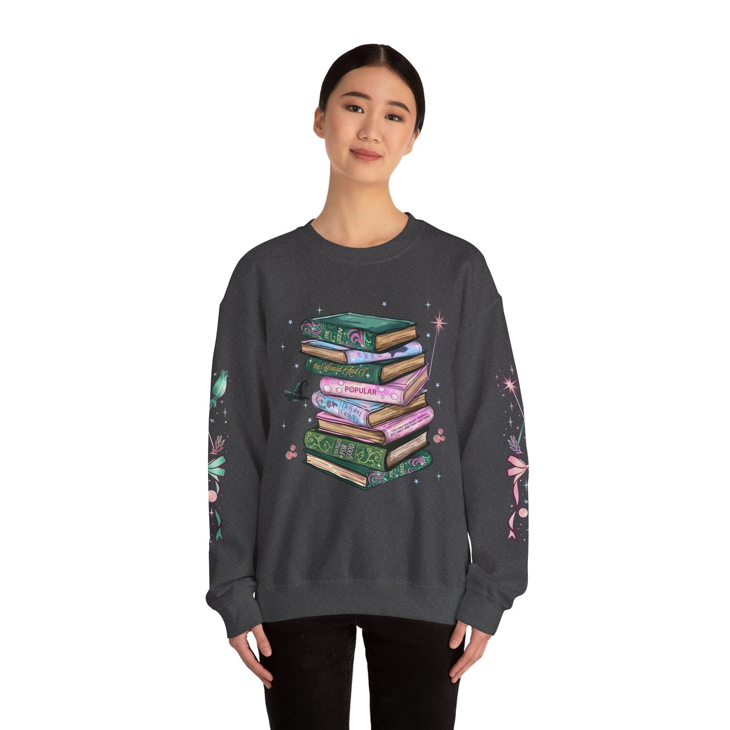Wicked Booklover Crewneck Sweatshirt — Stacked Magical Books Graphic