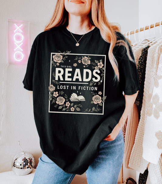 This Girl Reads Women’s Bookish Tshirt - Comfort Colors Tee (Black)