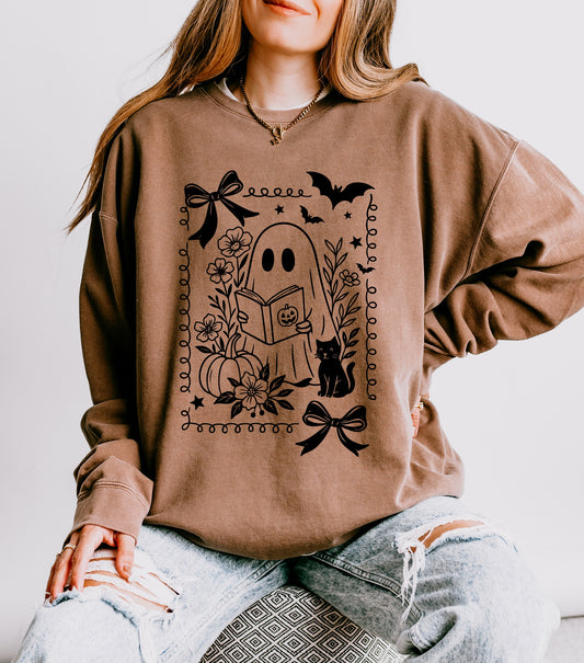 Cozy Ghost Reading Sweatshirt, Halloween Apparel, Fall Fashion, Unisex Crewneck, Perfect Gift for Spooky Season, Cat Lovers