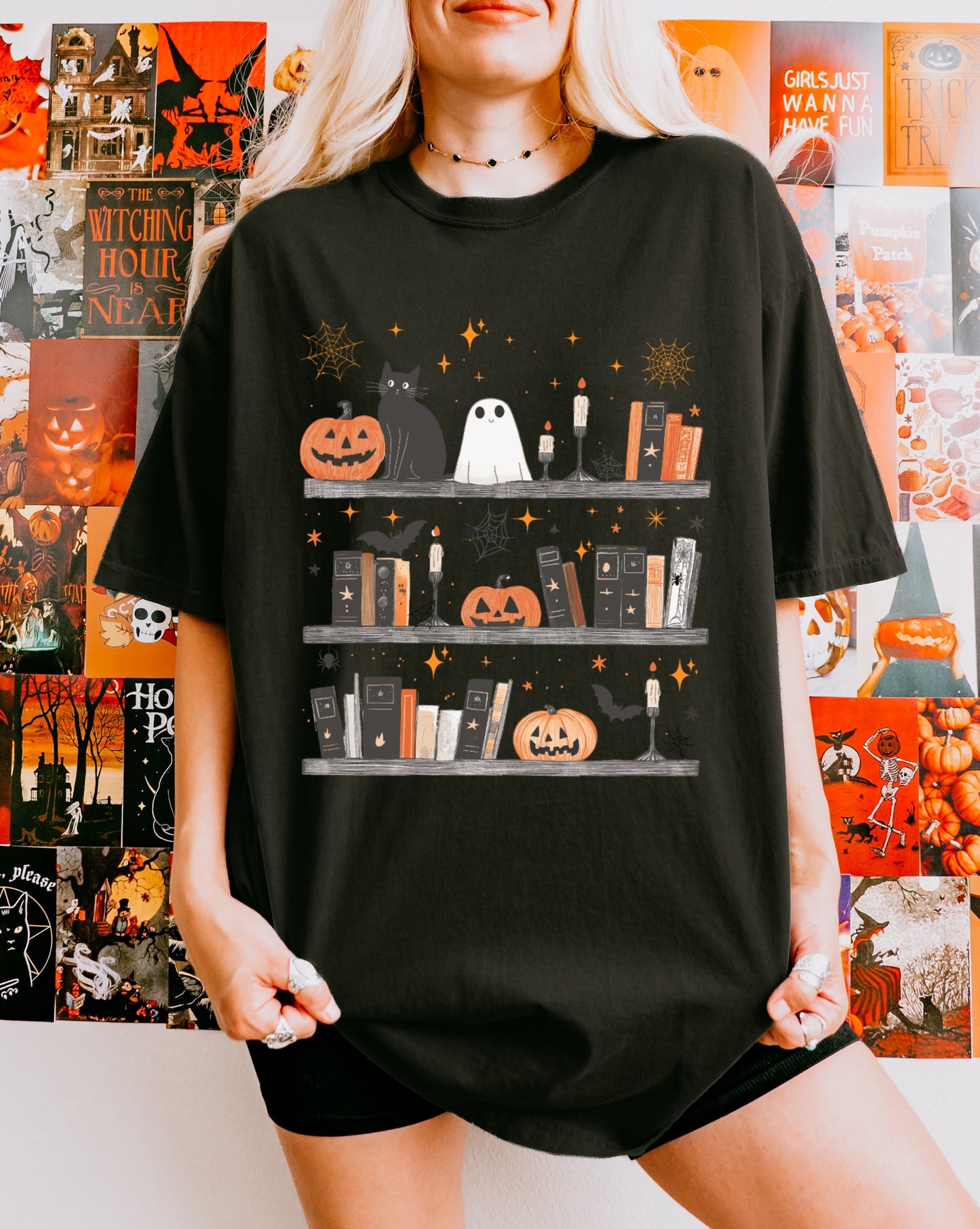 Halloween Cat & Books T-shirt, Spooky Apparel, Unisex Graphic Tee, Halloween Themed Gift, Cozy Fall Fashion