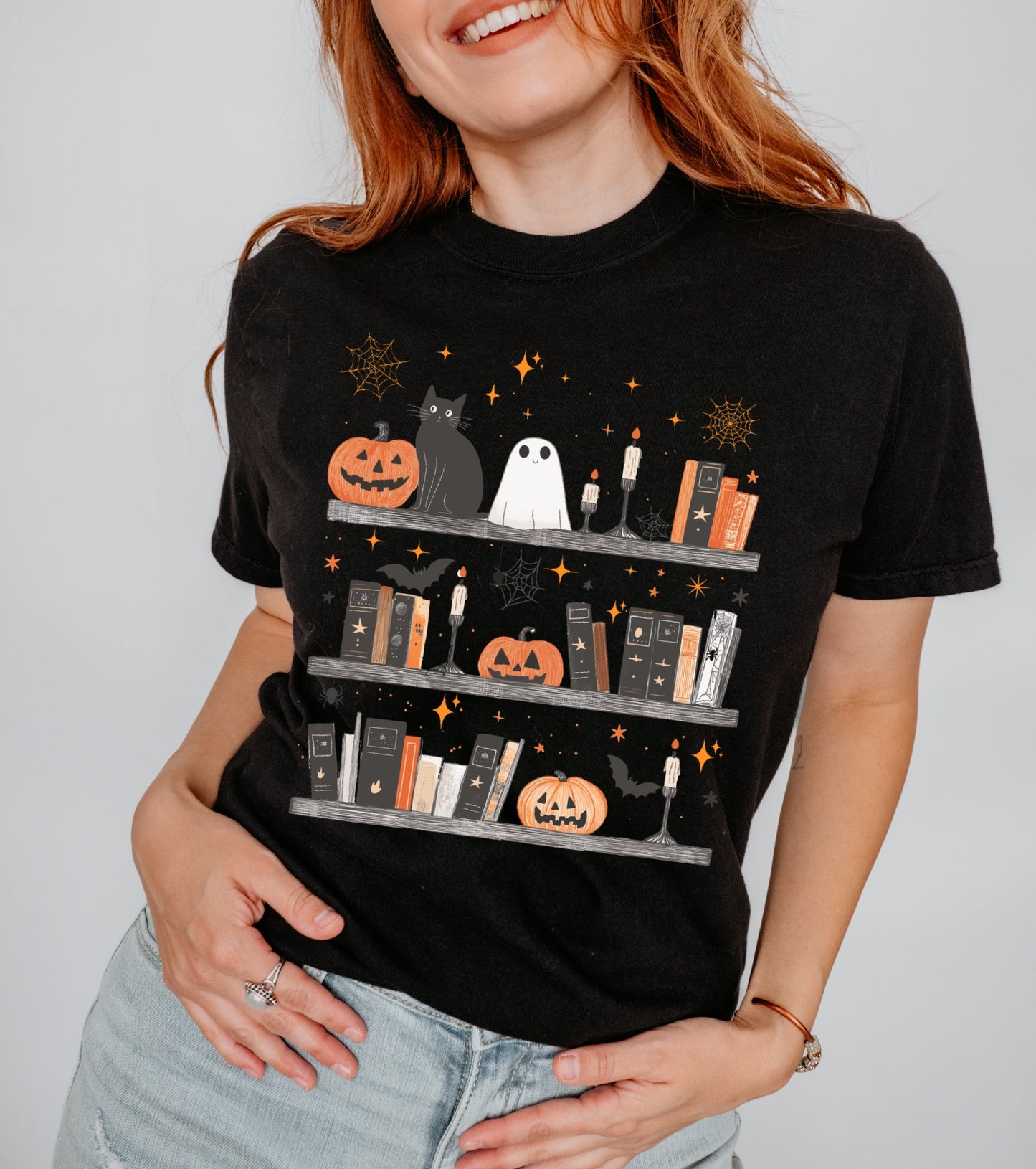 Halloween Cat & Books T-shirt, Spooky Apparel, Unisex Graphic Tee, Halloween Themed Gift, Cozy Fall Fashion