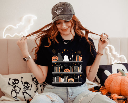 Halloween Cat & Books T-shirt, Spooky Apparel, Unisex Graphic Tee, Halloween Themed Gift, Cozy Fall Fashion