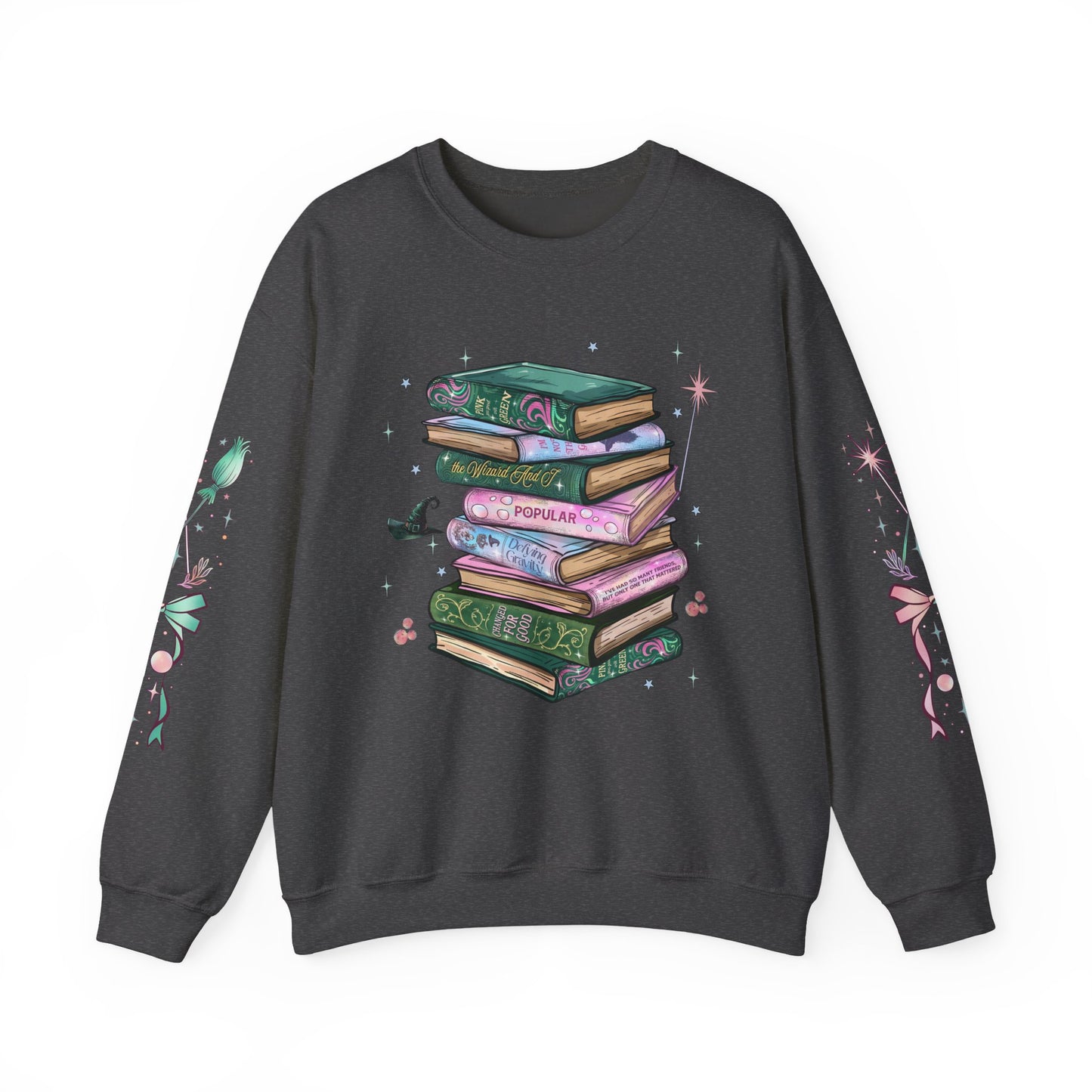 Wicked Booklover Crewneck Sweatshirt — Stacked Magical Books Graphic
