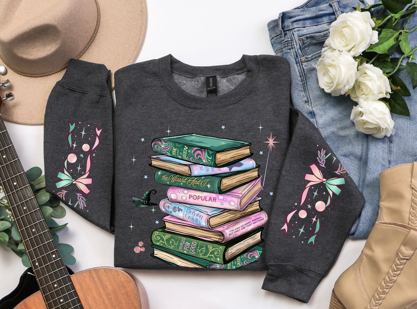 Wicked Booklover Crewneck Sweatshirt — Stacked Magical Books Graphic