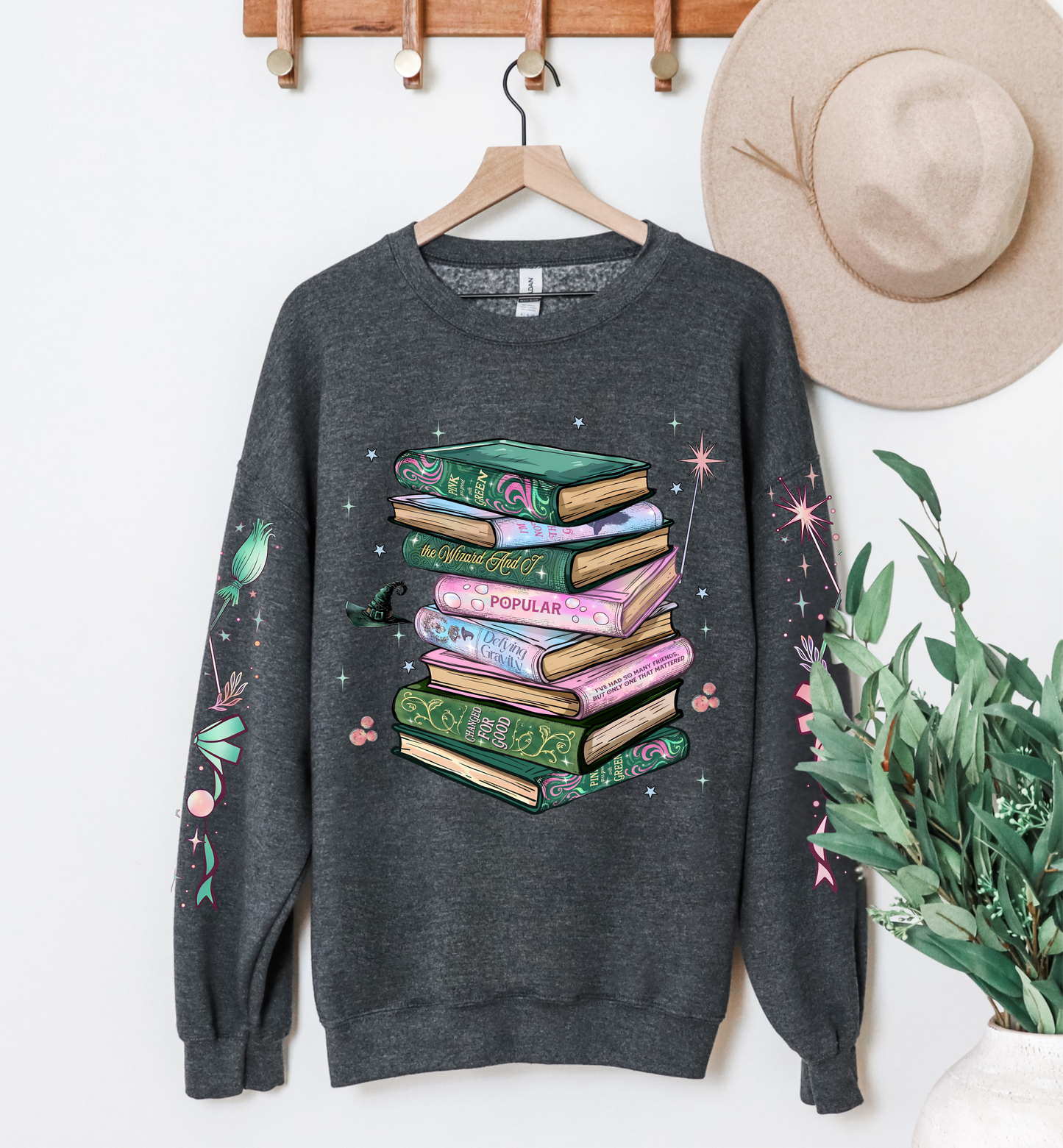 Wicked Booklover Crewneck Sweatshirt — Stacked Magical Books Graphic